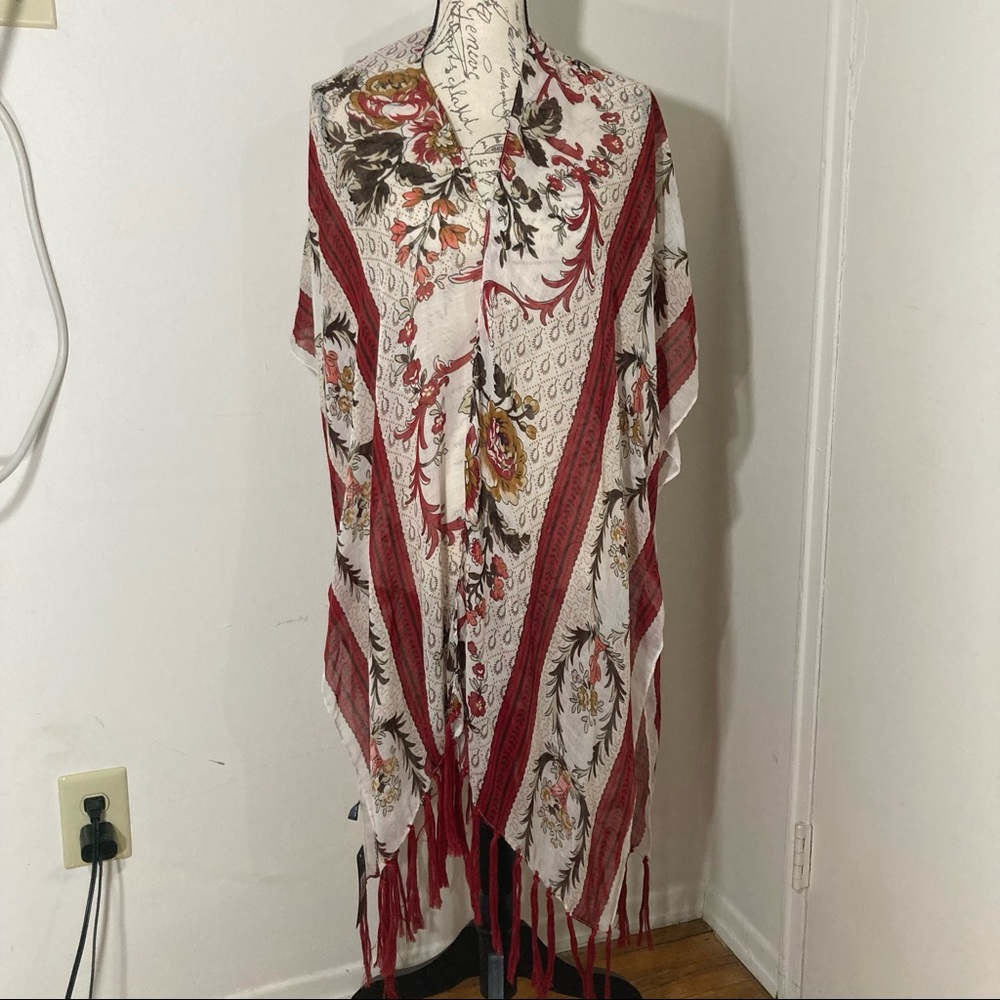 Floral Vase Botanical Flowers Print Sheer Cover Up with Fringe Red Stripes NWT - Picture 9 of 9